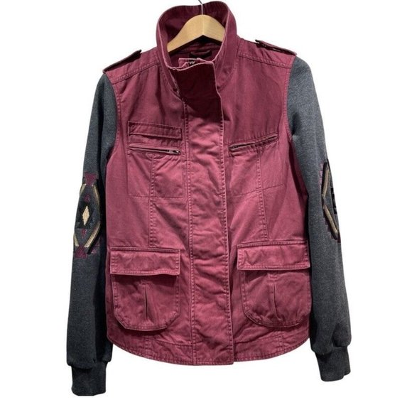LA Hearts Womens M High Neck Embroidered Utility Jacket Boho Southwest Burgundy - Picture 3 of 12